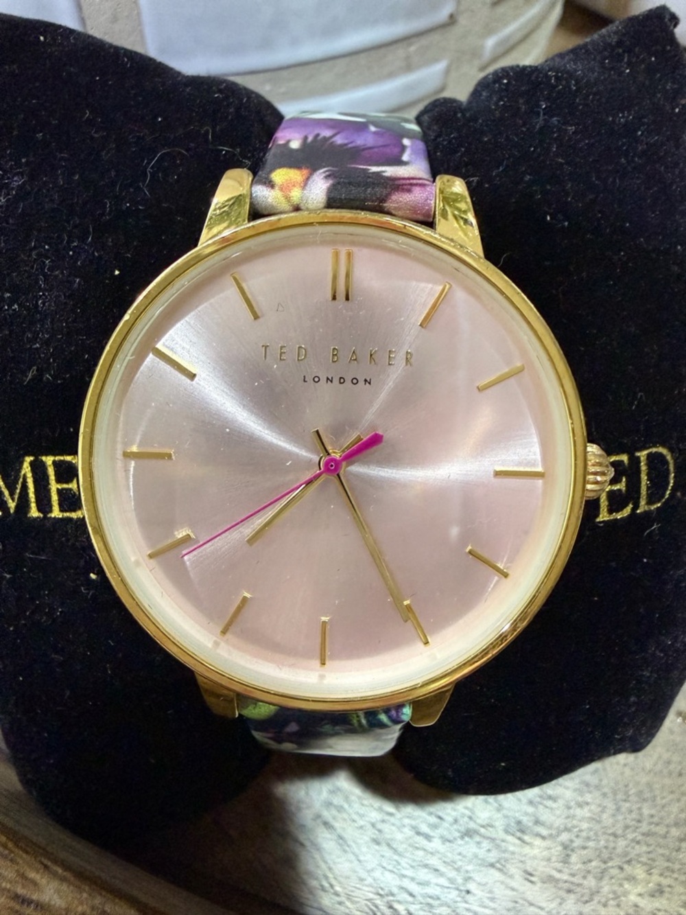 Ted Baker, Kate Collection Gold Tone Watch w/ Pink Dial and Floral Leather Strap